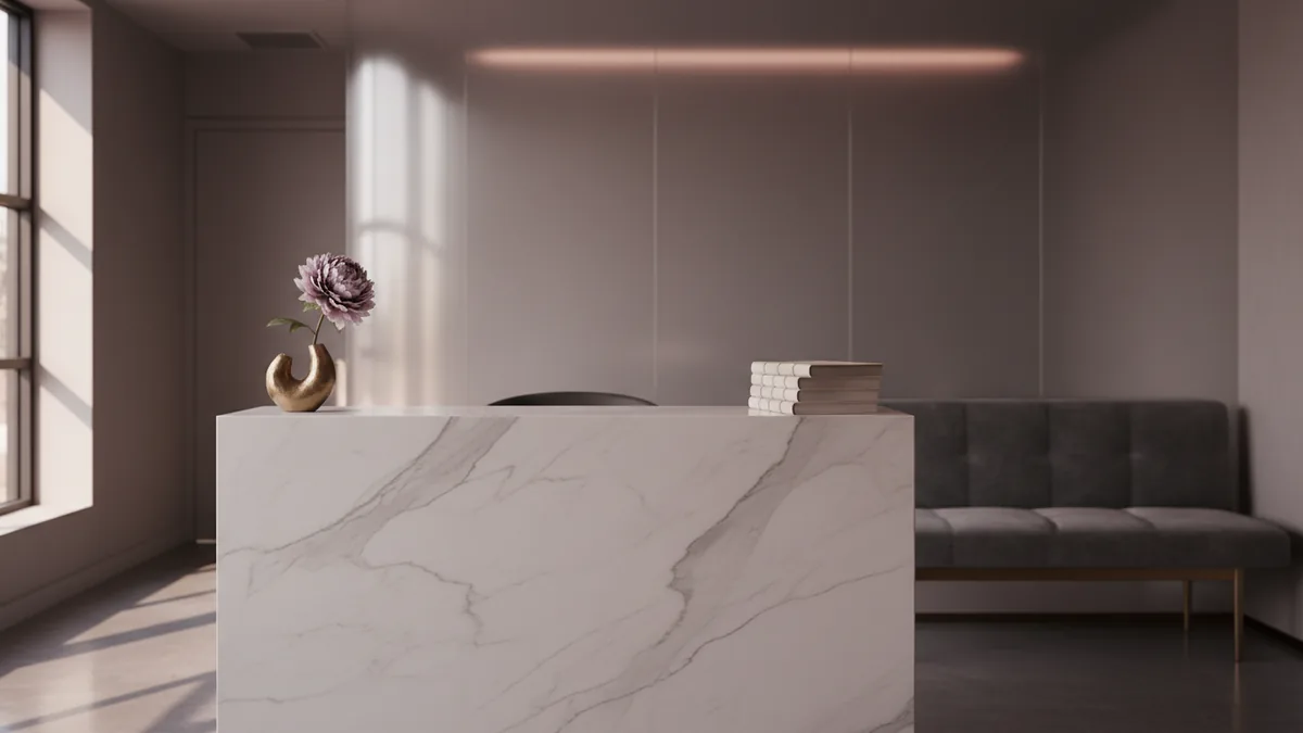 modern empty beauty salon interior, clean reception desk, soft warm light, no people, no text
