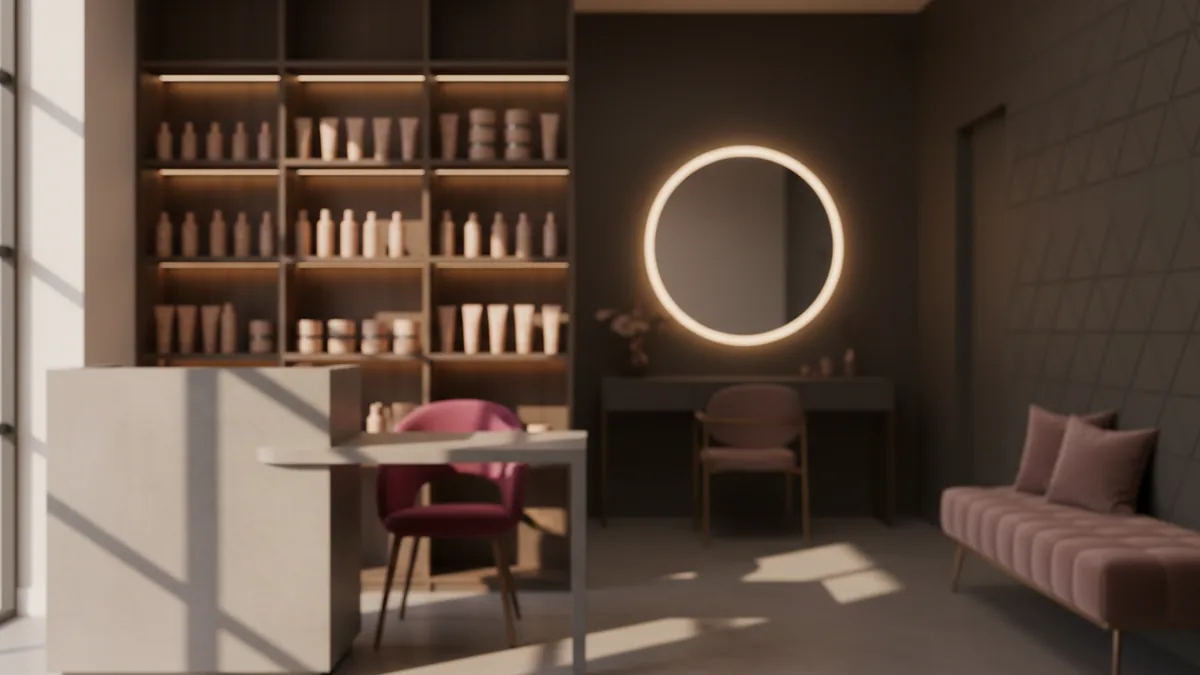 stylish empty beauty salon interior with reception desk and product shelves, warm light, no people, no text
