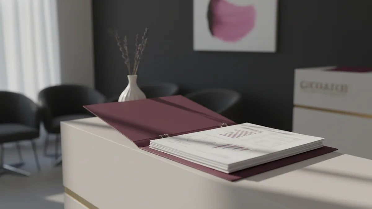 official paper documents in a folder on a clean reception desk of a beauty salon, soft daylight, no people, no text