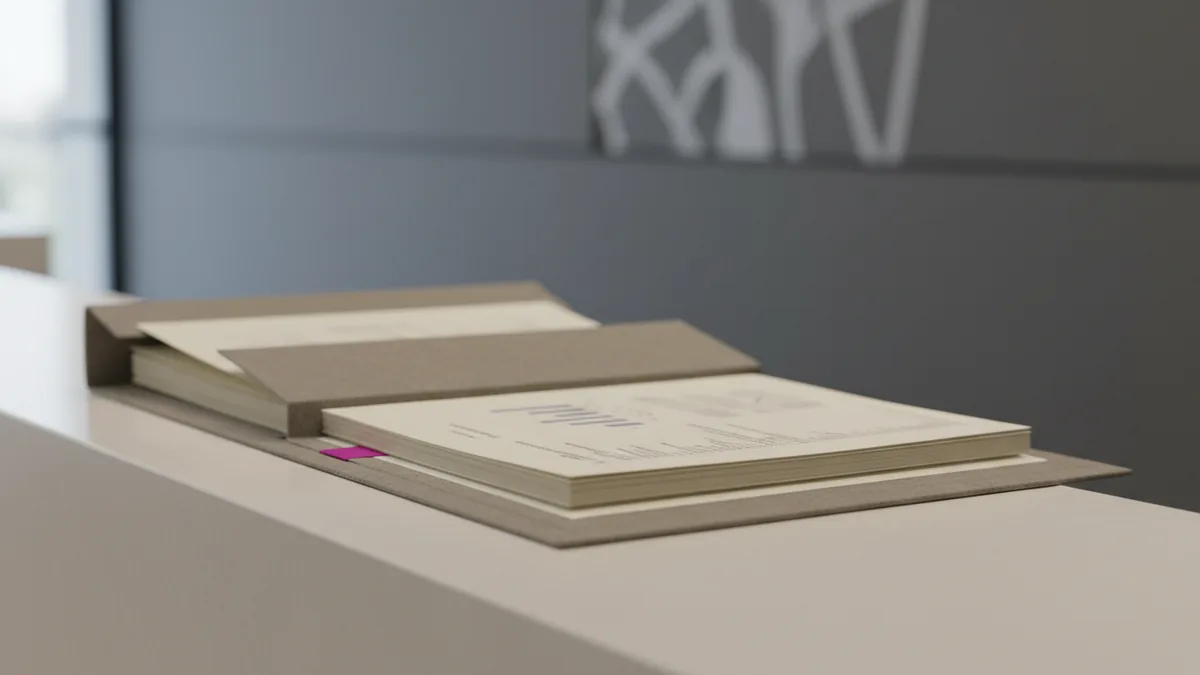 official paper documents in a folder on a clean reception desk of a beauty salon, soft daylight, no people, no text