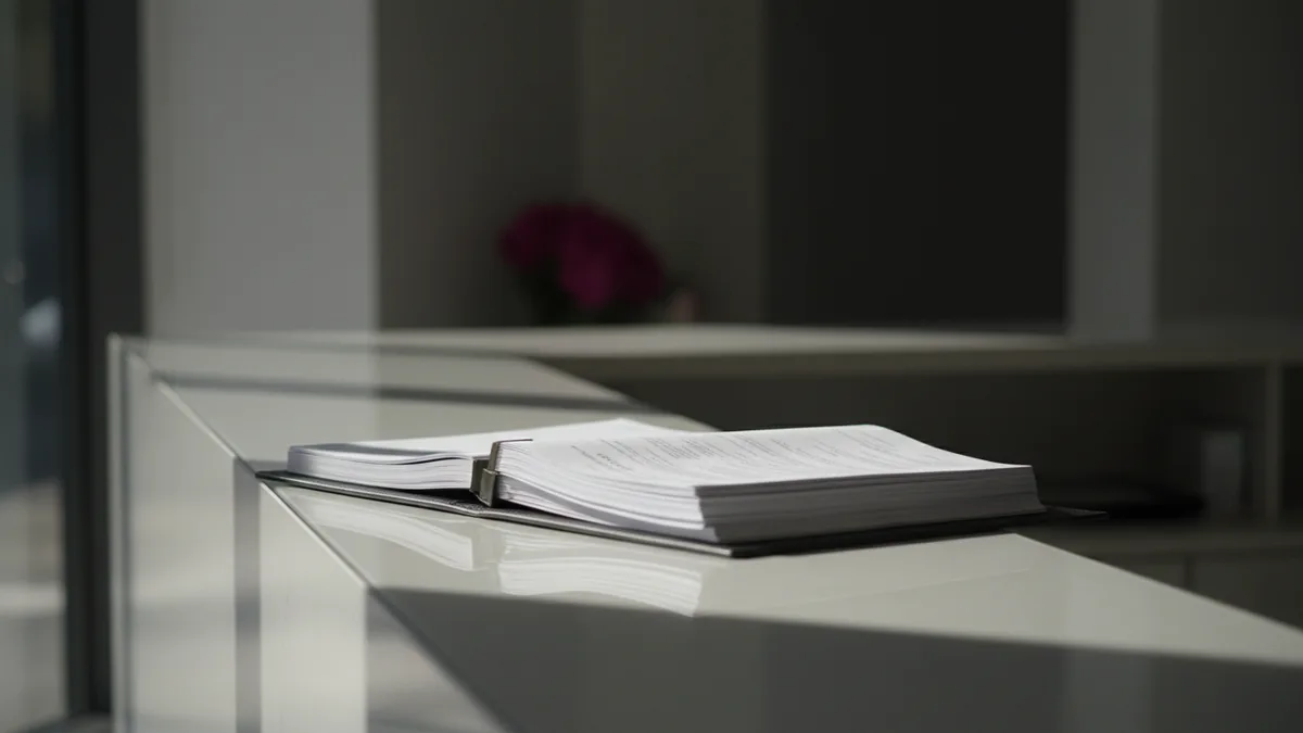 official paper documents in a folder on a clean reception desk of a beauty salon, soft daylight, no people, no text