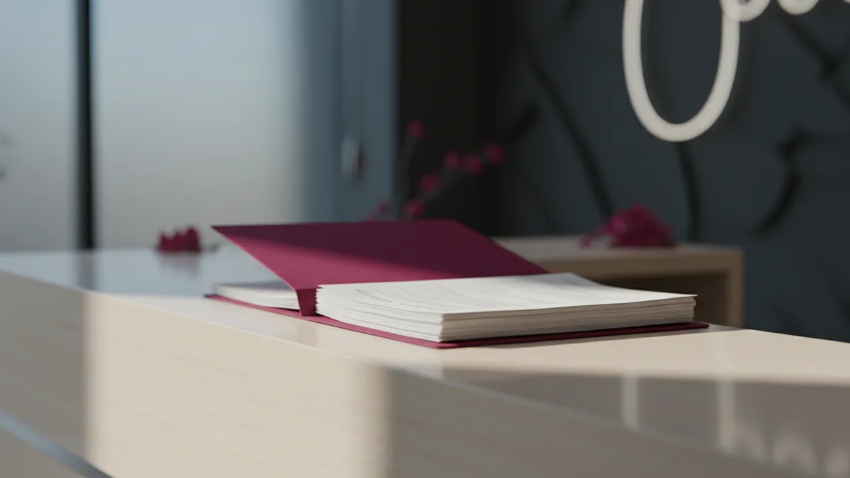 official paper documents in a folder on a clean reception desk of a beauty salon, soft daylight, no people, no text
