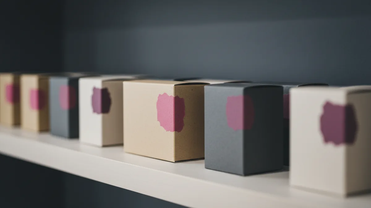 cosmetic product boxes with small labels neatly arranged on a light salon shelf, no people, no text