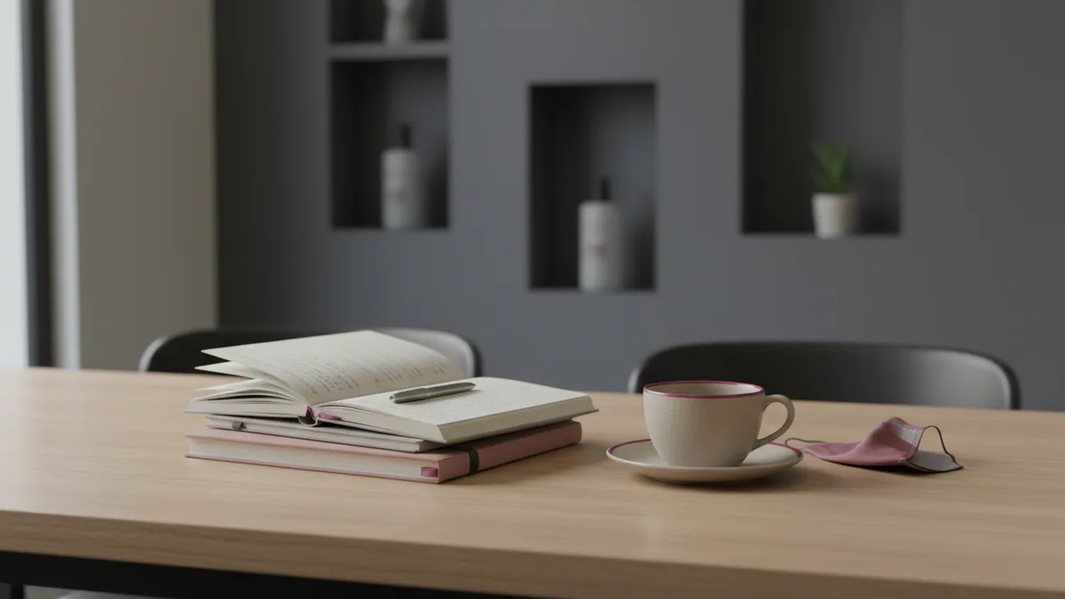 notebooks and a coffee cup on a table in an empty modern beauty salon staff room, no people, no text
